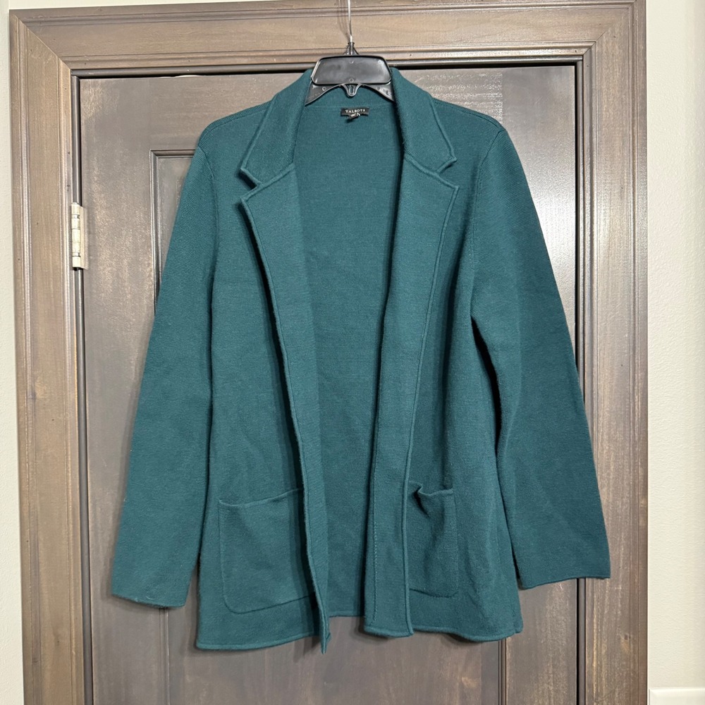 Talbots Womens Large Merino Wool Blend Open Front Cardigan Blazer Teal Green
